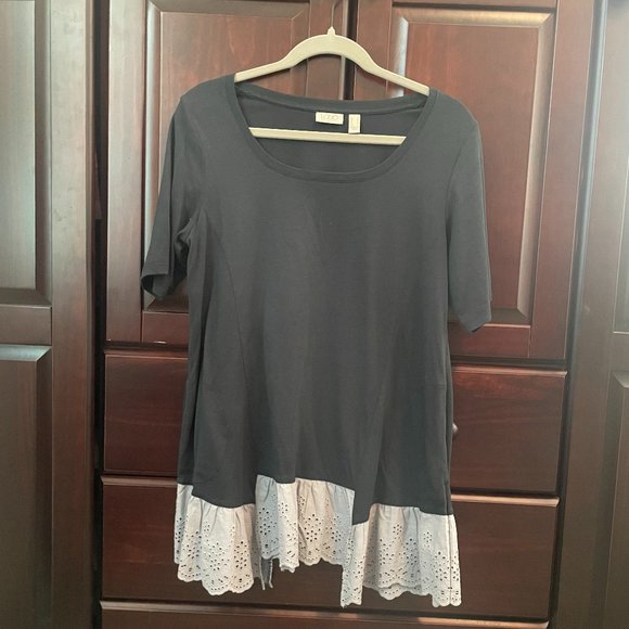 LOGO by Lori Goldstein Cotton Modal Elbow Sleeve Eyelet Hem Top - Picture 7 of 8